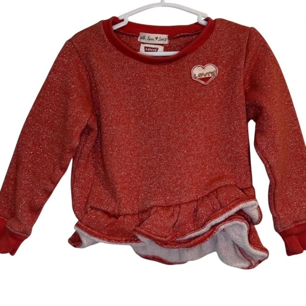 Kids Levi's Red Sparkle Heart Ruffle Sweater & Jeans Outfit Set Size 2T Playwear